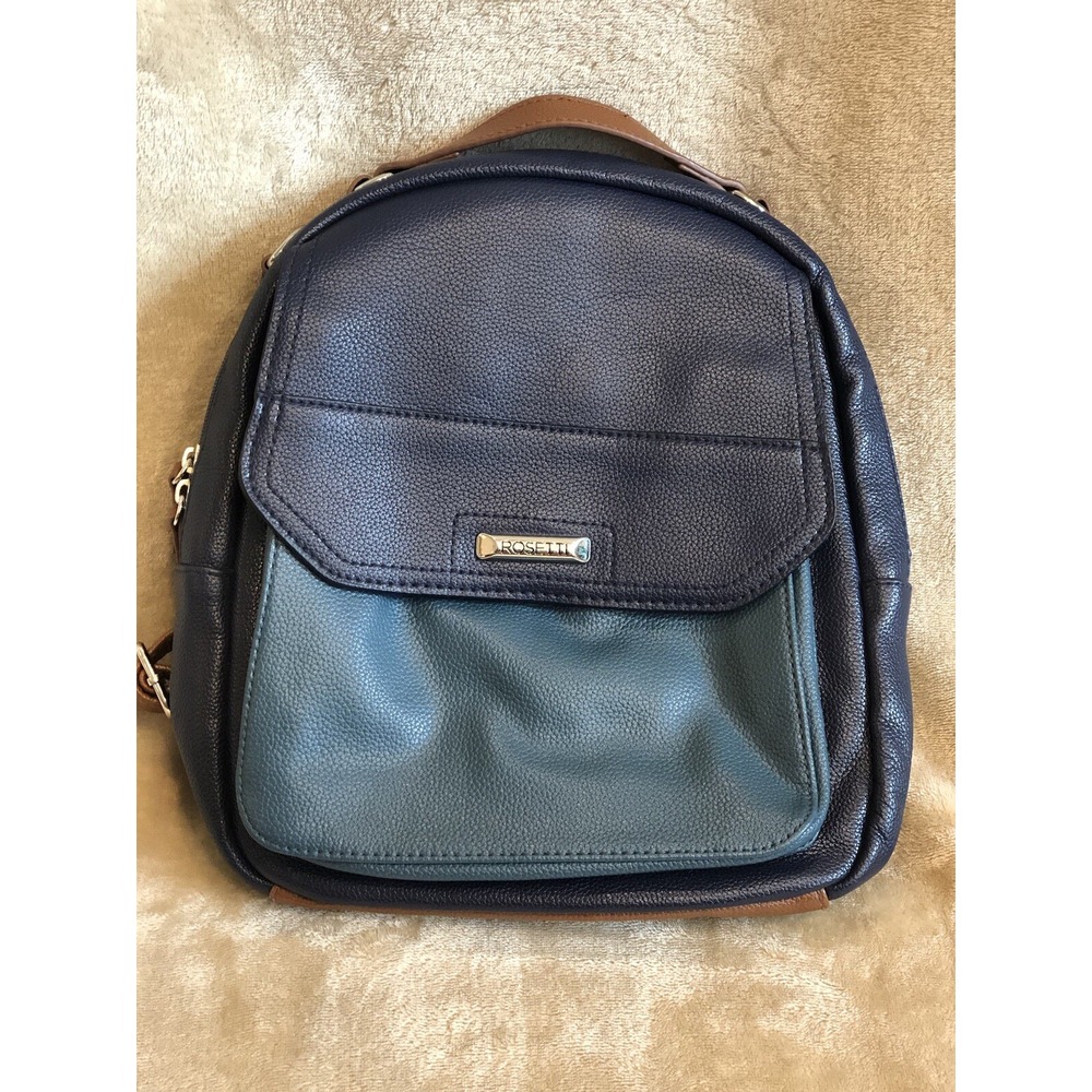 Rosetti Backpack Purse Handbag Satchel Mini Backpack Multiple Pockets Blue/ Tan
